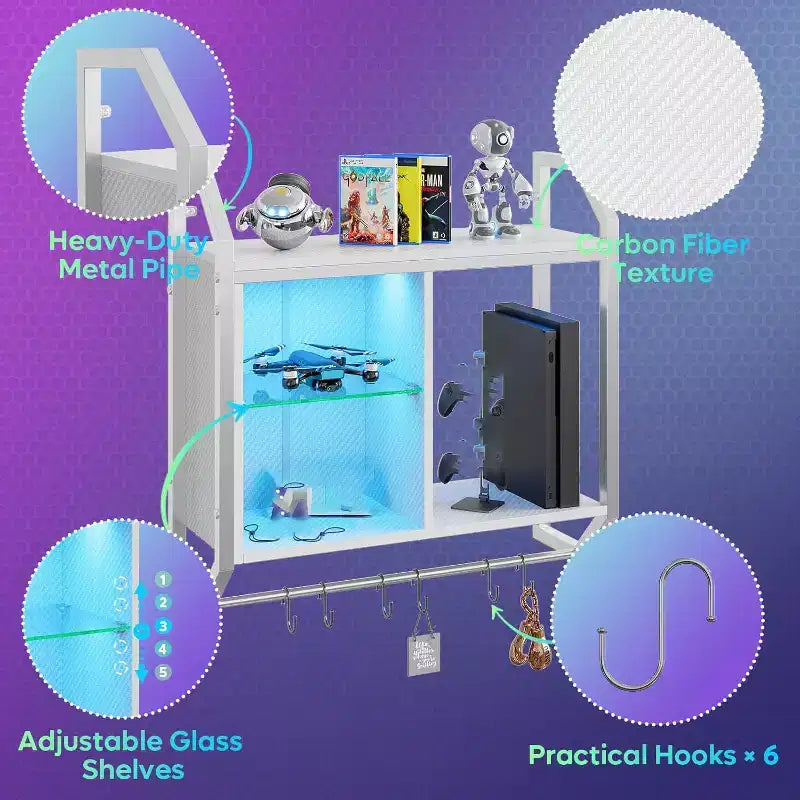 Étagères flottantes à LED de 25", étagère murale de jeu avec étagères en verre réglables, rangement de décoration de salle de jeux