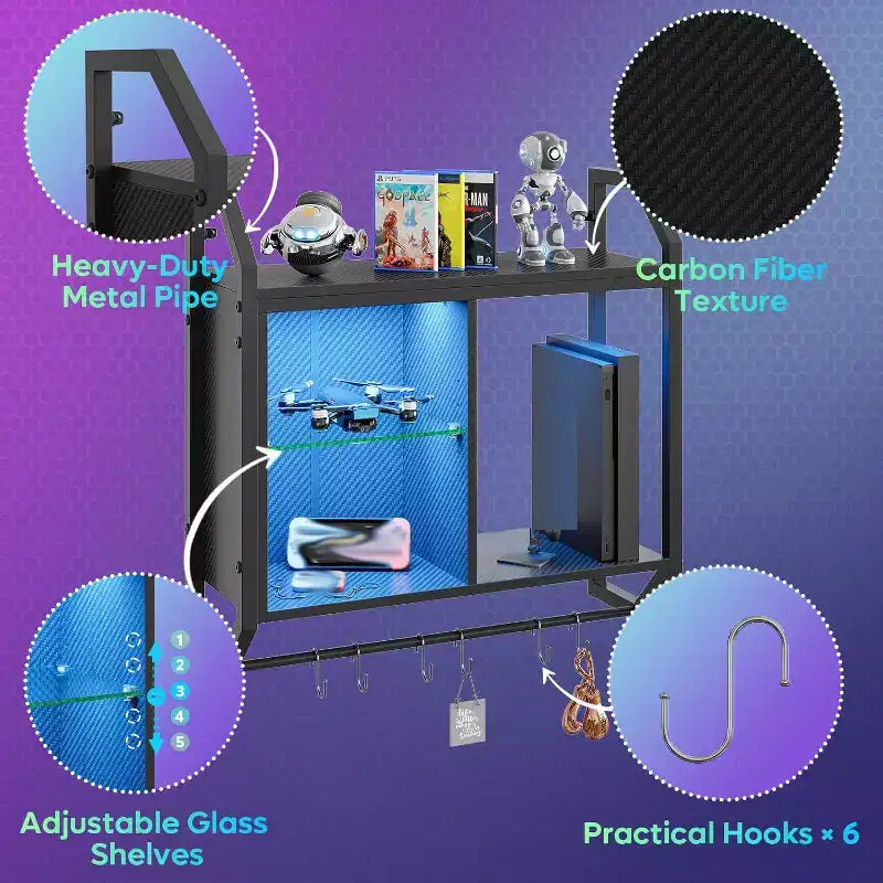 Étagères flottantes à LED de 25", étagère murale de jeu avec étagères en verre réglables, rangement de décoration de salle de jeux