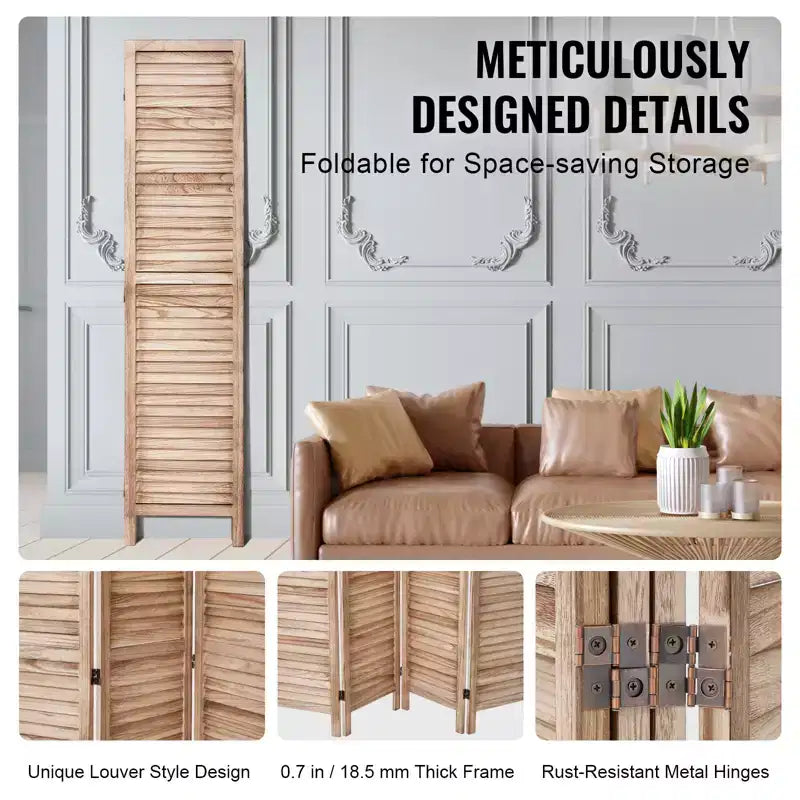 Paravent pliable en bois à 8 panneaux, Séparateur de pièce intérieur à persiennes de 170 cm de haut, Écran de décoration portable