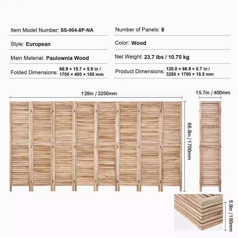 Paravent pliable en bois à 8 panneaux, Séparateur de pièce intérieur à persiennes de 170 cm de haut, Écran de décoration portable
