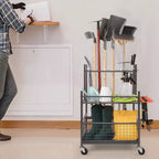 Organisateur d'outils de jardin, 16 fentes avec crochets, support à tour pour outils de jardinage avec roues pour organisation et rangement de garage