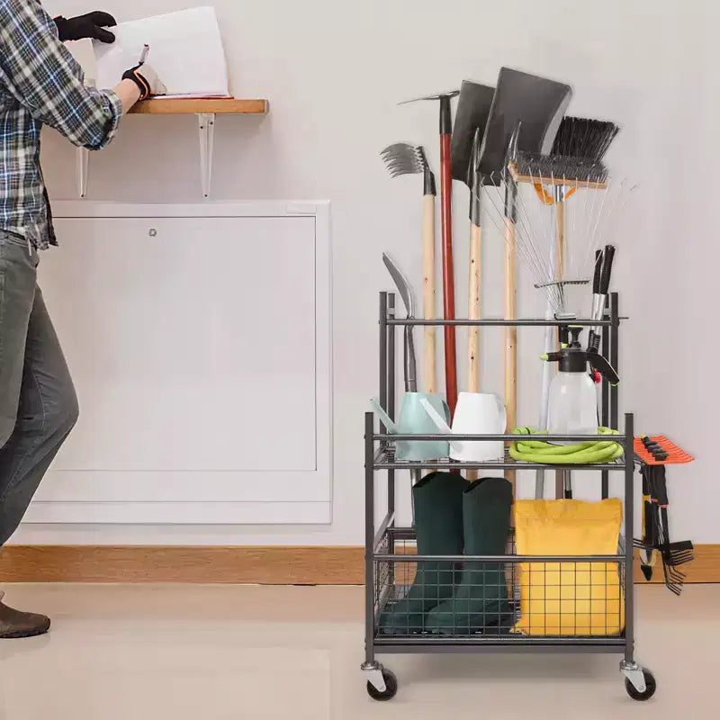 Organisateur d'outils de jardin, 16 fentes avec crochets, support à tour pour outils de jardinage avec roues pour organisation et rangement de garage