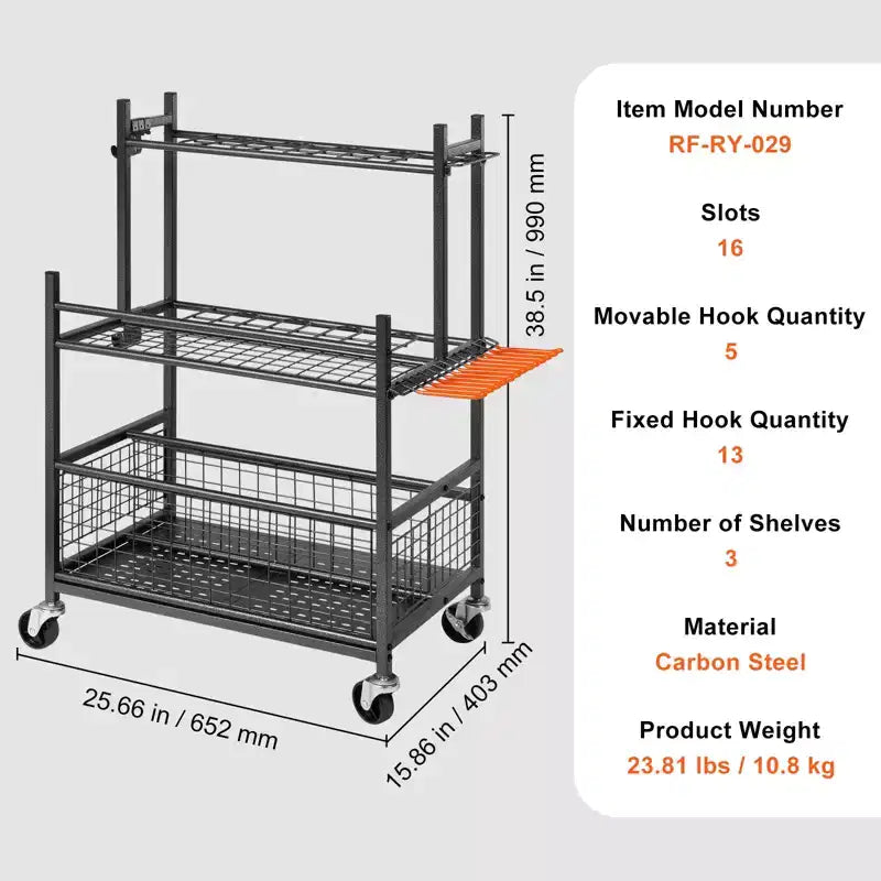 Organisateur d'outils de jardin, 16 fentes avec crochets, support à tour pour outils de jardinage avec roues pour organisation et rangement de garage