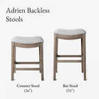 Tabouret de comptoir sans dossier de 26 po avec revêtement en tissu et cadre en bois massif