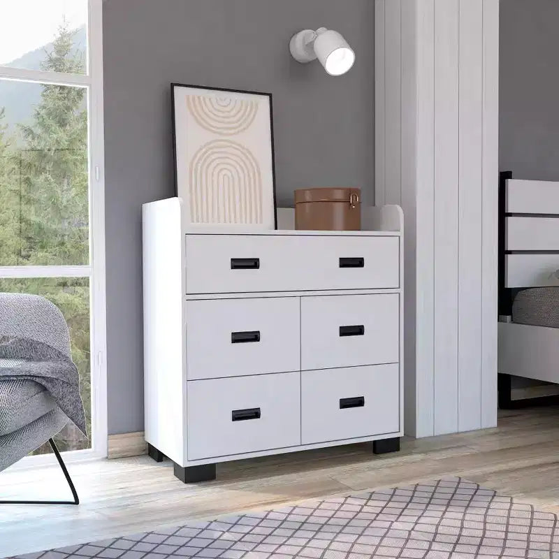 Commode à 4 tiroirs avec un tiroir double, commode moderne avec grand espace de rangement et rails métalliques, plateau supérieur