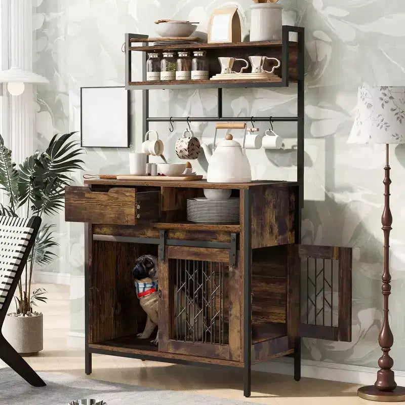 Meuble cage pour chien avec étagères de rangement, étagère de cuisine adaptée aux animaux avec cage pour animaux, meuble de bar à café cage pour chien pour entrée de salon