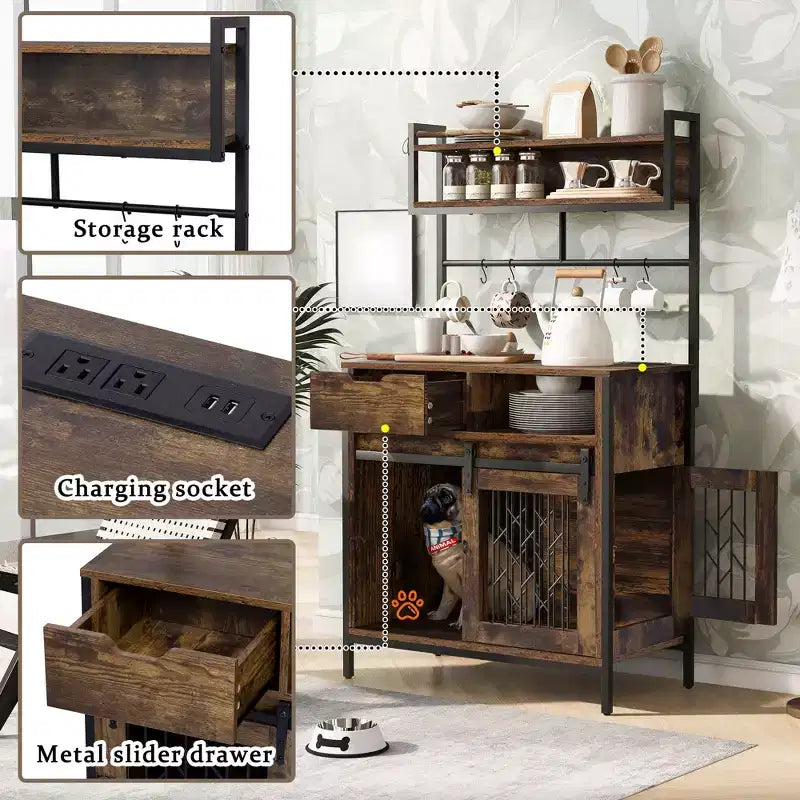 Meuble cage pour chien avec étagères de rangement, étagère de cuisine adaptée aux animaux avec cage pour animaux, meuble de bar à café cage pour chien pour entrée de salon