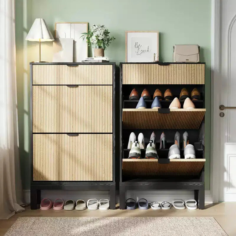 Meuble de rangement pour chaussures avec 2/3/4 tiroirs basculants, Organiseur de chaussures cannelé style Ferme, Étagère à chaussures étroite autoportante pour entrée