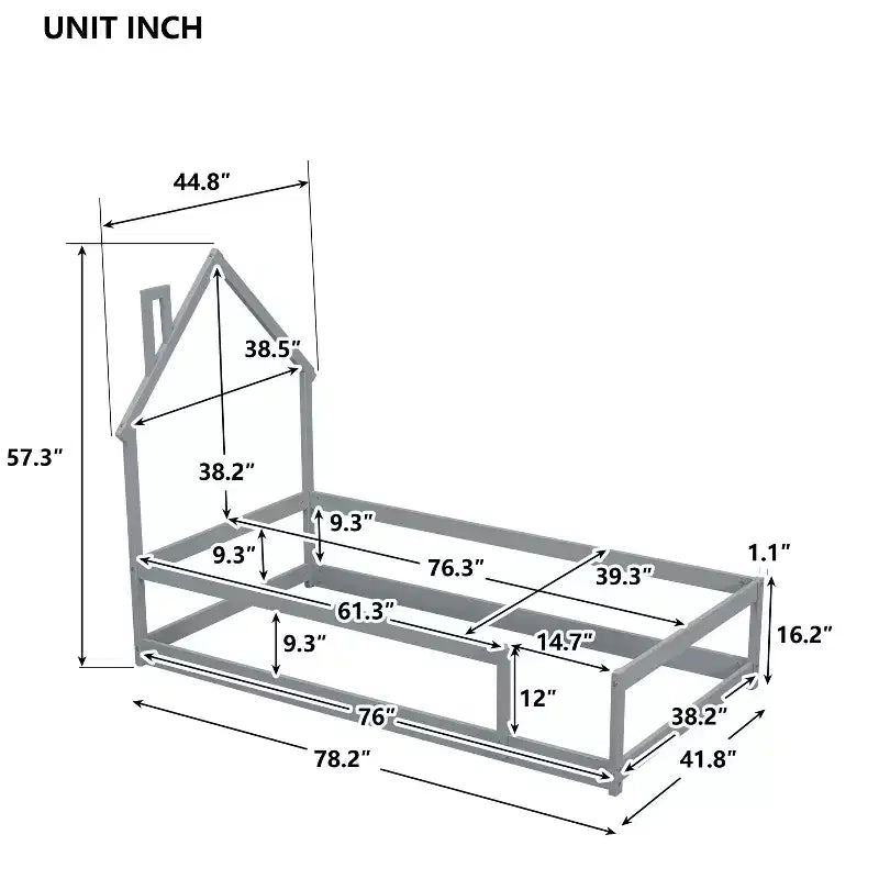 Lit de sol en forme de maison avec tête de lit pour jumeaux avec clôtures de sécurité, cadre de lit moderne en bois à profil bas