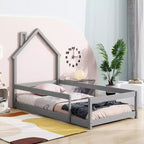 Lit de sol en forme de maison avec tête de lit pour jumeaux avec clôtures de sécurité, cadre de lit moderne en bois à profil bas