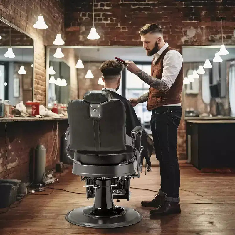 Fauteuil de barbier inclinable ergonomique et hydraulique, équipement de coiffure et spa de beauté noir avec accoudoirs