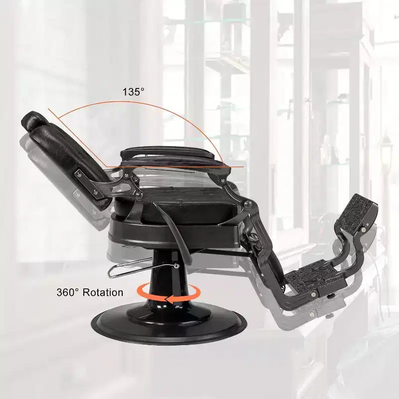 Fauteuil de barbier inclinable ergonomique et hydraulique, équipement de coiffure et spa de beauté noir avec accoudoirs