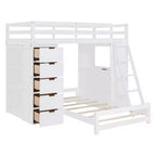 Lit superposé jumeau sur jumeau avec tiroirs, étagères, bureau, lumière LED et ports de chargement