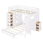 Lit superposé jumeau sur jumeau avec tiroirs, étagères, bureau, lumière LED et ports de chargement