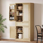72-Inch Tall Rattan Kitchen Pantry Cabinet with Drawer, Adjustable Shelves, Farmhouse Style Cupboard Storage, For Kitchen, Dining Room, Bathroom