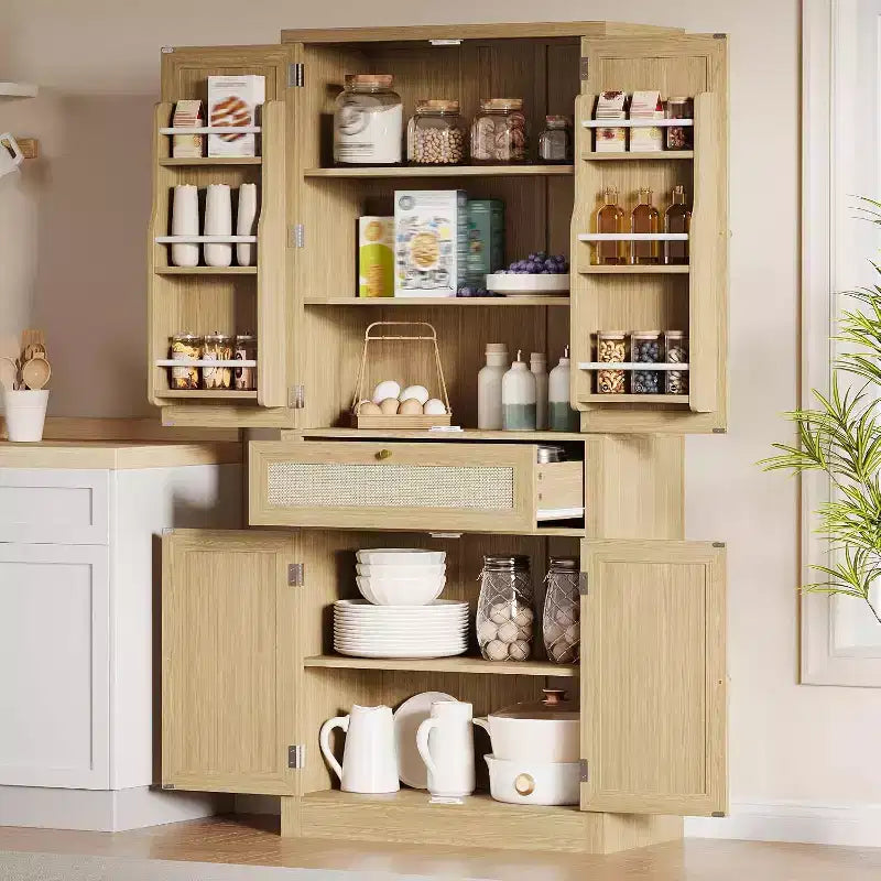 Meuble de rangement en rotin de 183 cm de haut avec tiroir, étagères réglables, style ferme, pour cuisine, salle à manger, salle de bain