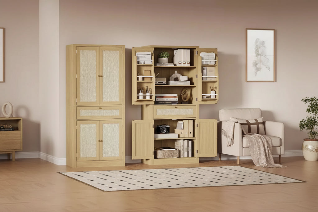 Meuble de rangement en rotin de 183 cm de haut avec tiroir, étagères réglables, style ferme, pour cuisine, salle à manger, salle de bain