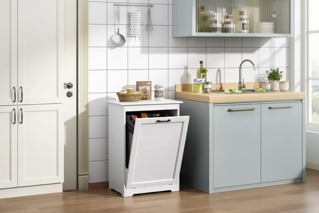 Meuble poubelle basculant 10 gallons, panier à linge, support de poubelle en bois pour cuisine avec porte à angle réglable