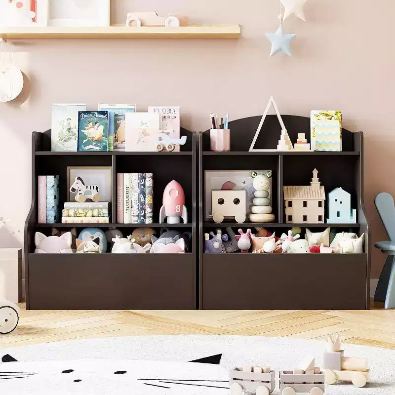 Organisateur de rangement de jouets pour enfants à 3 niveaux, bibliothèque avec 5 compartiments pour chambre à coucher, salle de jeux ou salle de classe, marron