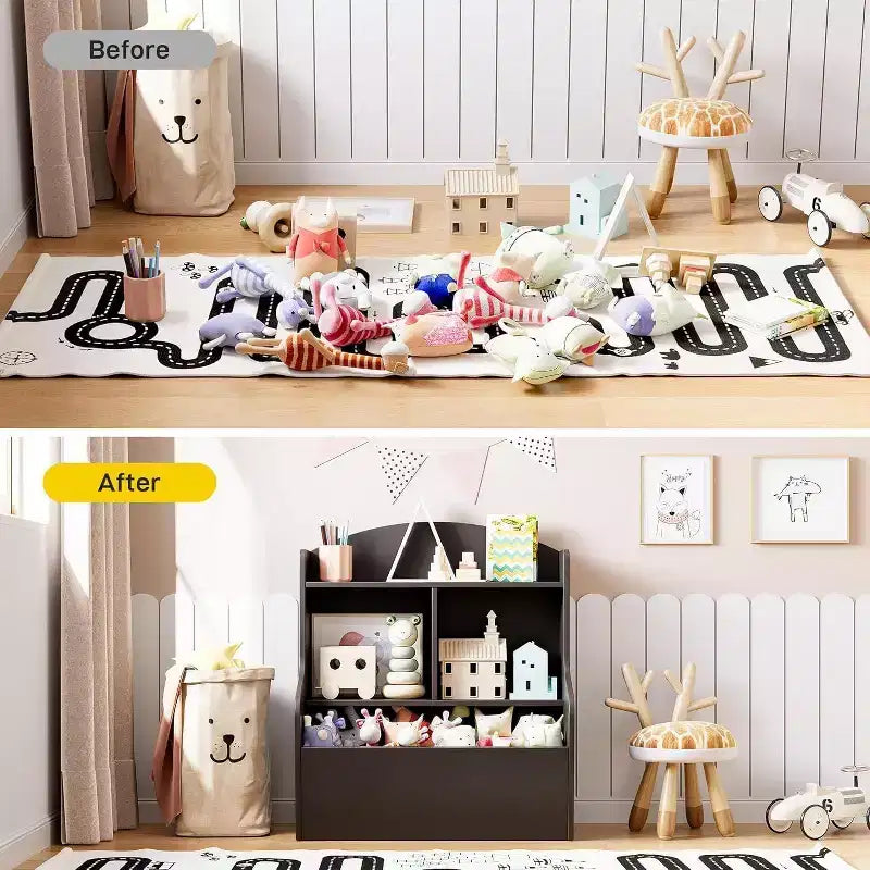 Organisateur de rangement de jouets pour enfants à 3 niveaux, bibliothèque avec 5 compartiments pour chambre à coucher, salle de jeux ou salle de classe, marron