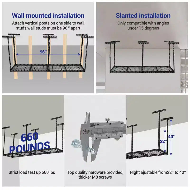 Support de rangement pour garage en hauteur, étagères de plafond en acier capacité, réglable en hauteur 55,8-101,6 cm, gain de place pour grenier, sous-sol, abri de jardin (4/6 poteaux)