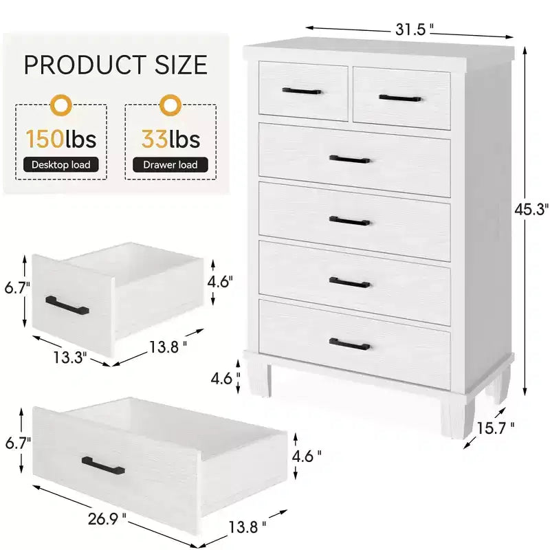 Commode de chambre à 6 tiroirs, commode haute grise de 45 pouces avec rangement, grande commode pour placard, armoire de rangement en bois pour entrée