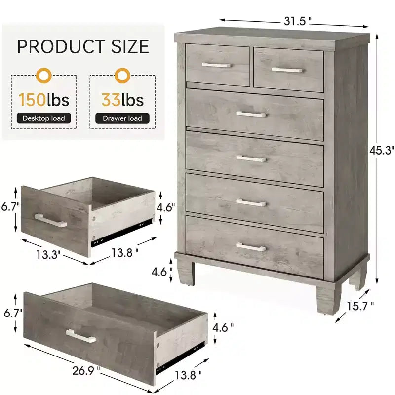 Commode de chambre à 6 tiroirs, commode haute grise de 45 pouces avec rangement, grande commode pour placard, armoire de rangement en bois pour entrée