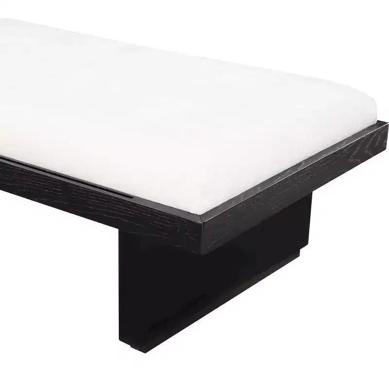 Banc en tissu chenille, design moderne du milieu du siècle avec plateau coulissant en bois amovible
