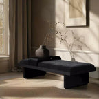 Banc en tissu chenille, design moderne du milieu du siècle avec plateau coulissant en bois amovible