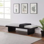 Banc en tissu chenille, design moderne du milieu du siècle avec plateau coulissant en bois amovible