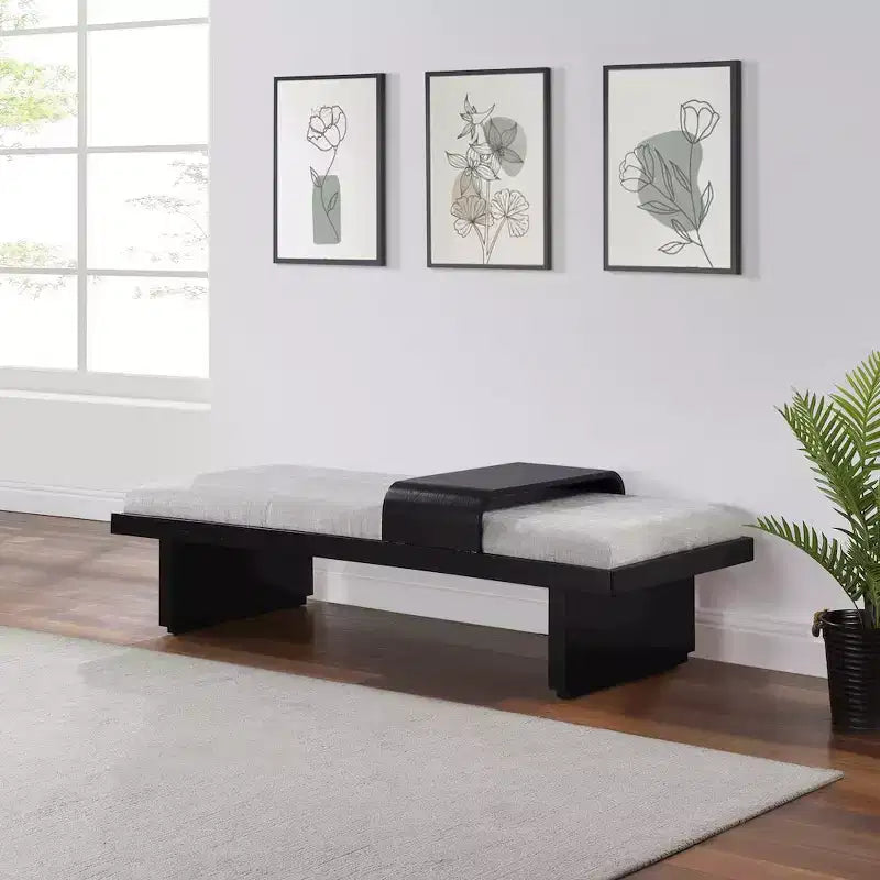 Banc en tissu chenille, design moderne du milieu du siècle avec plateau coulissant en bois amovible