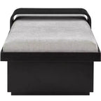 Banc en tissu chenille, design moderne du milieu du siècle avec plateau coulissant en bois amovible