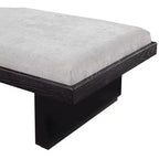 Banc en tissu chenille, design moderne du milieu du siècle avec plateau coulissant en bois amovible