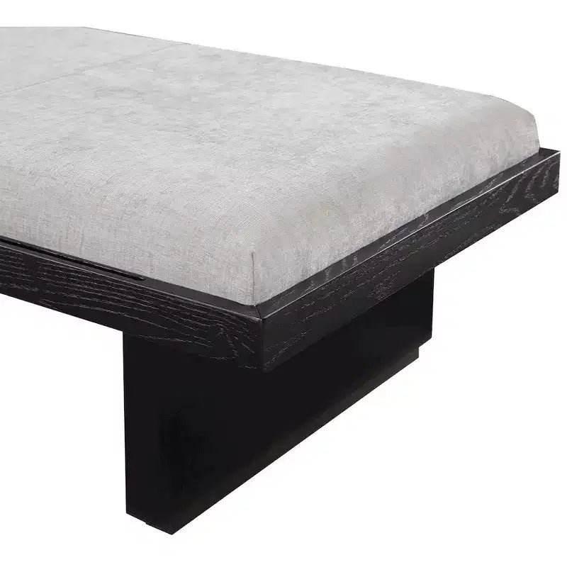 Banc en tissu chenille, design moderne du milieu du siècle avec plateau coulissant en bois amovible