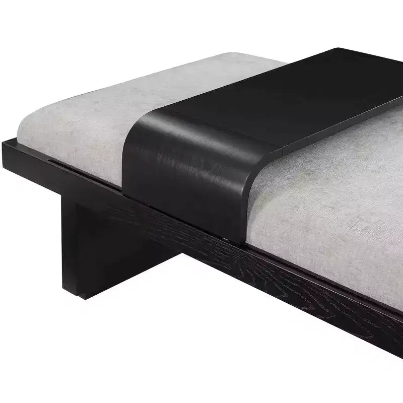 Banc en tissu chenille, design moderne du milieu du siècle avec plateau coulissant en bois amovible