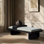 Banc en tissu chenille, design moderne du milieu du siècle avec plateau coulissant en bois amovible