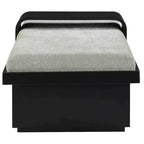 Banc en tissu chenille, design moderne du milieu du siècle avec plateau coulissant en bois amovible