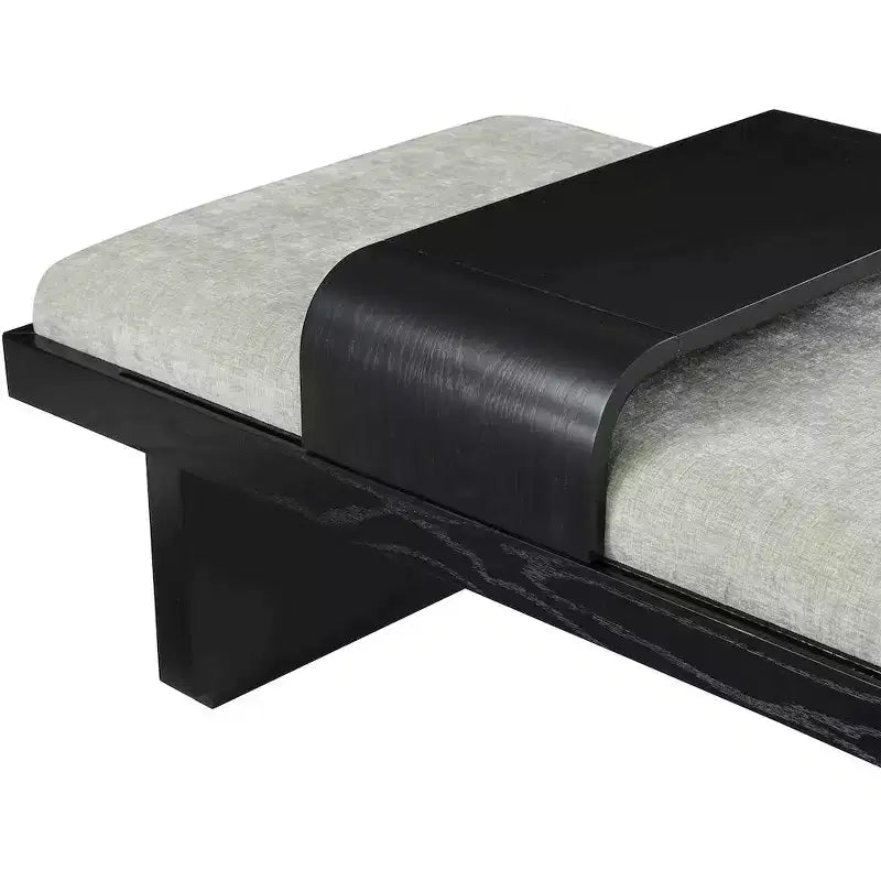 Banc en tissu chenille, design moderne du milieu du siècle avec plateau coulissant en bois amovible