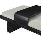 Banc en tissu chenille, design moderne du milieu du siècle avec plateau coulissant en bois amovible