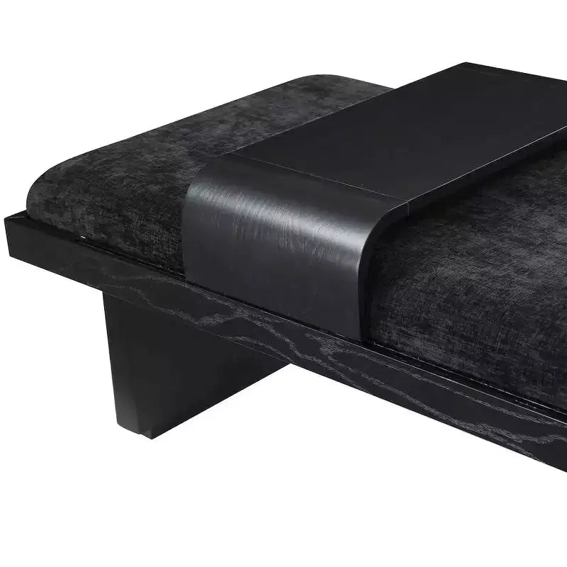 Banc en tissu chenille, design moderne du milieu du siècle avec plateau coulissant en bois amovible