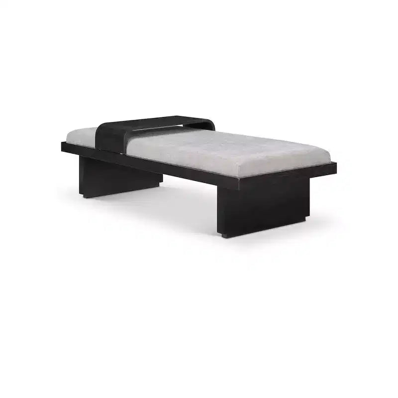 Banc en tissu chenille, design moderne du milieu du siècle avec plateau coulissant en bois amovible