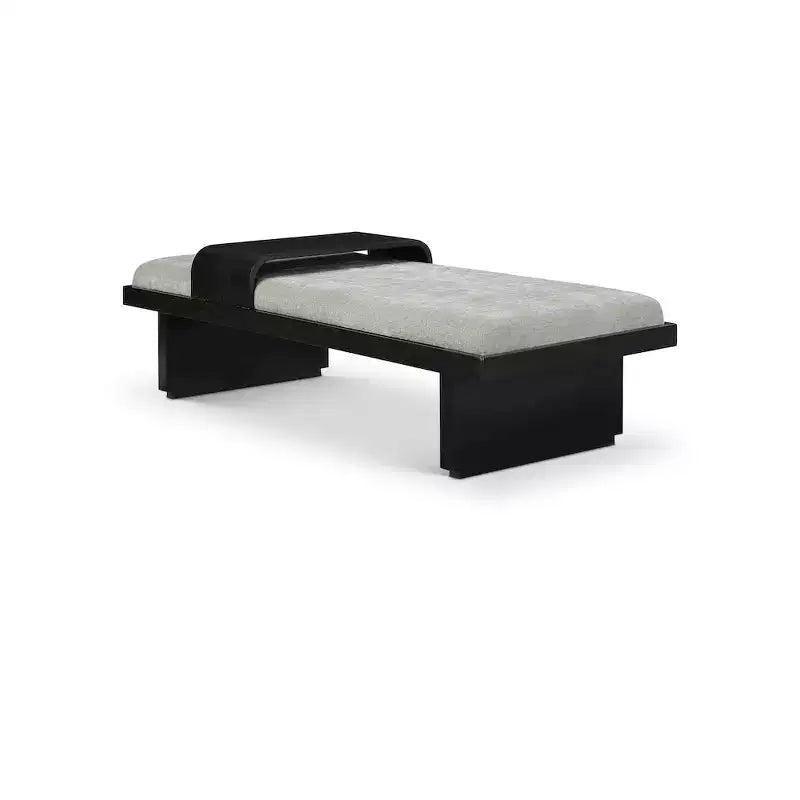 Banc en tissu chenille, design moderne du milieu du siècle avec plateau coulissant en bois amovible