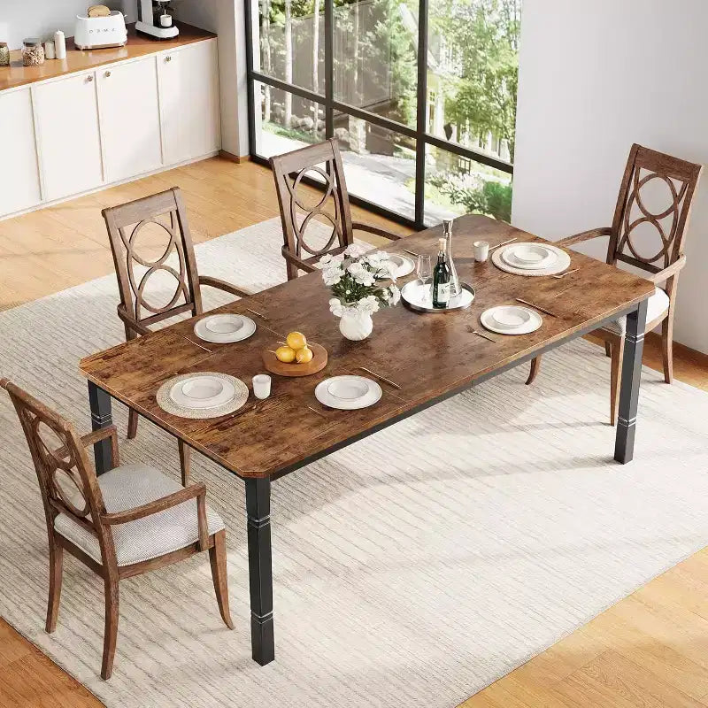 Table de salle à manger de ferme 78,7" pour 6 à 8 personnes - Table de cuisine industrielle avec cadre en métal et coins biseautés, pour salle à manger, petits espaces