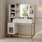 Coiffeuse de maquillage avec miroir éclairé, coiffeuse avec lumières en 3 couleurs, table de maquillage blanche avec station de charge et armoire visible