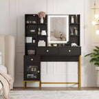 Coiffeuse de maquillage avec miroir éclairé, coiffeuse avec lumières en 3 couleurs, table de maquillage blanche avec station de charge et armoire visible
