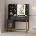 Coiffeuse de maquillage avec miroir éclairé, coiffeuse avec lumières en 3 couleurs, table de maquillage blanche avec station de charge et armoire visible