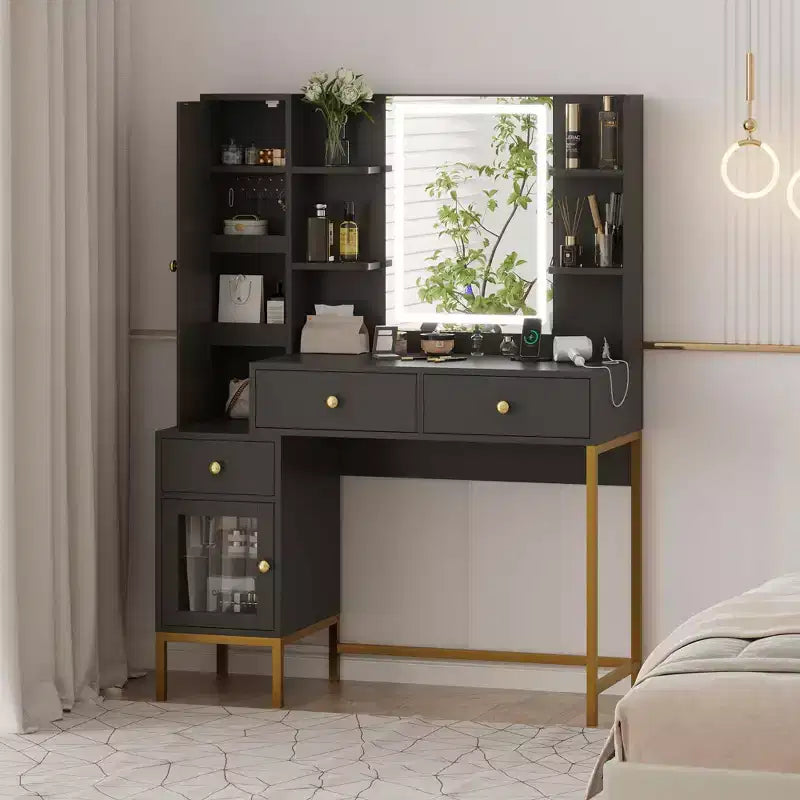 Coiffeuse de maquillage avec miroir éclairé, coiffeuse avec lumières en 3 couleurs, table de maquillage blanche avec station de charge et armoire visible