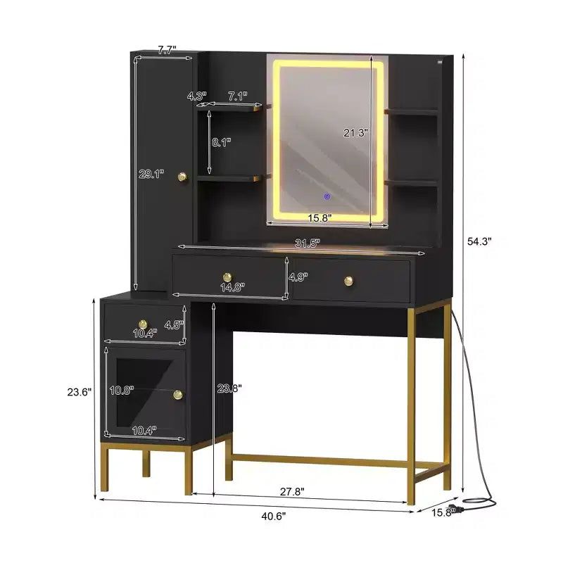 Coiffeuse de maquillage avec miroir éclairé, coiffeuse avec lumières en 3 couleurs, table de maquillage blanche avec station de charge et armoire visible