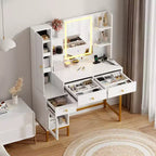 Coiffeuse de maquillage avec miroir éclairé, coiffeuse avec lumières en 3 couleurs, table de maquillage blanche avec station de charge et armoire visible