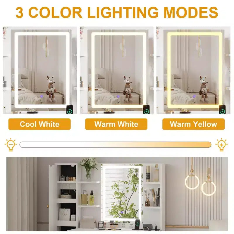 Coiffeuse de maquillage avec miroir éclairé, coiffeuse avec lumières en 3 couleurs, table de maquillage blanche avec station de charge et armoire visible
